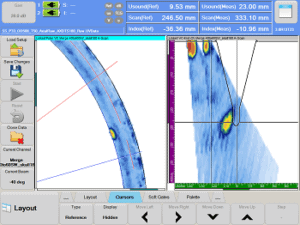 Phased array merged data (various SW angles & skews) from axial ID crack in SS pipe weld